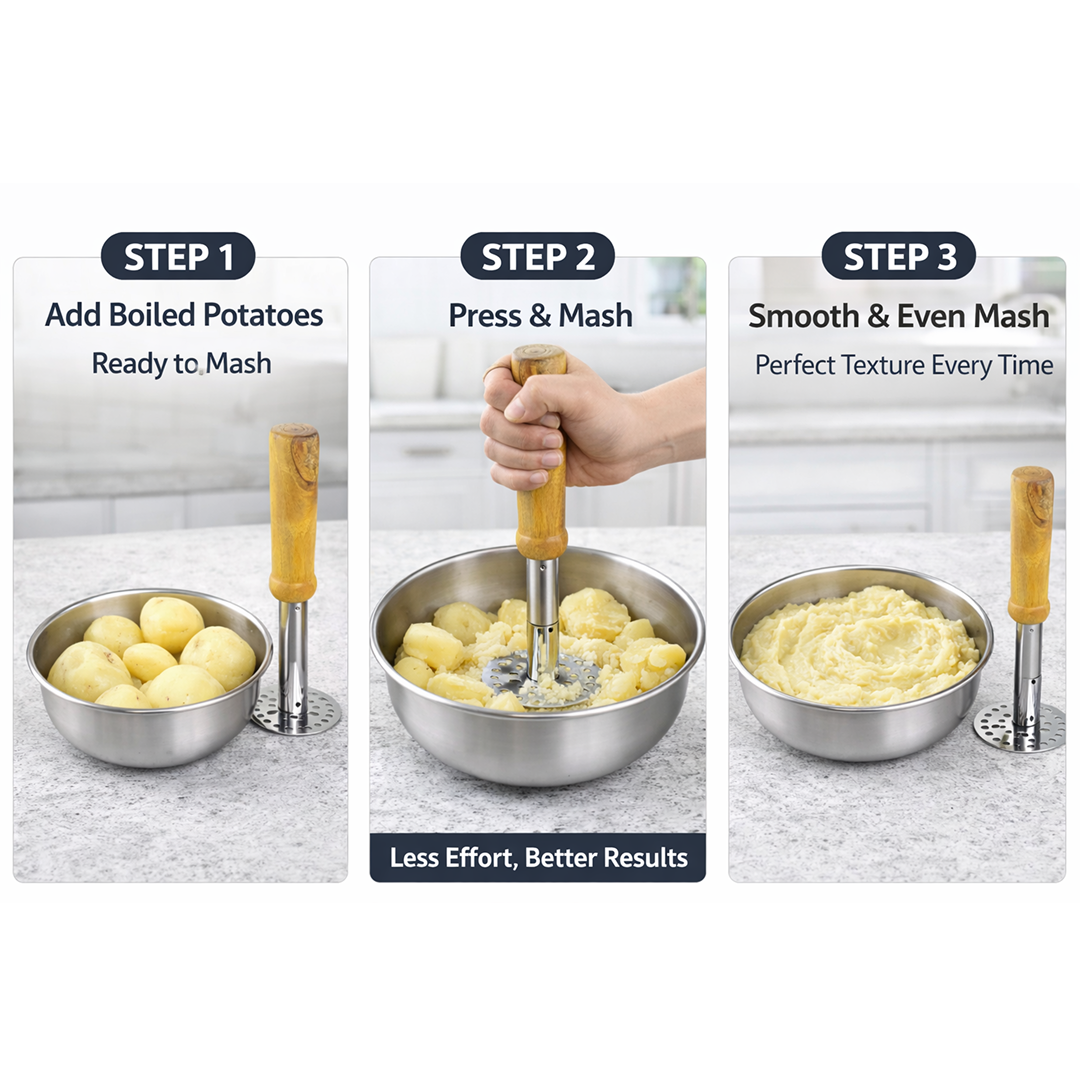 Stainless Steel Potato Masher, Pav Bhaji Masher with wooden handle